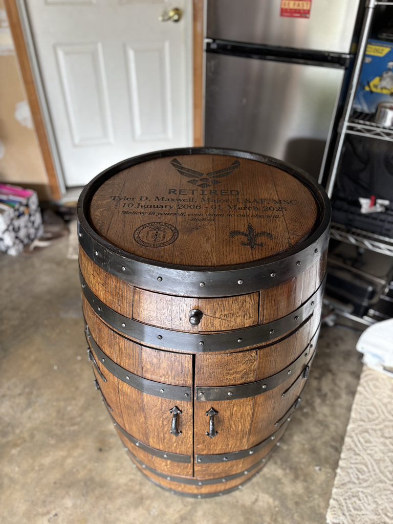 Military retirement barrel with Air Force engraving