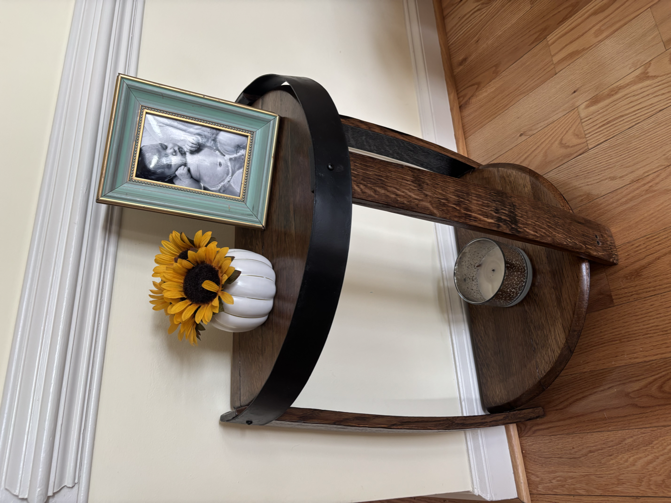 Barrel stave end table with iron band accent